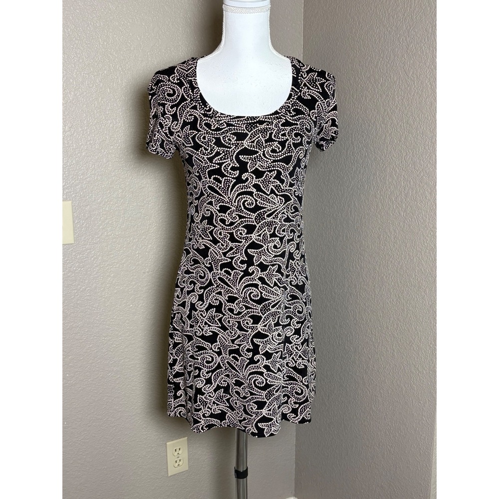 Uncivilized Vintage 90s Black Cream Swirl Print Mini Dress Small USA Made